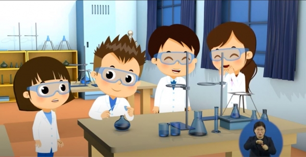 수화통역이 포함된 화학물질 유출시 과학실을 안전하게 탈출하는 법을 담은 안전교육 영상. 사진=학교안전공제중앙회 공식 유튜브